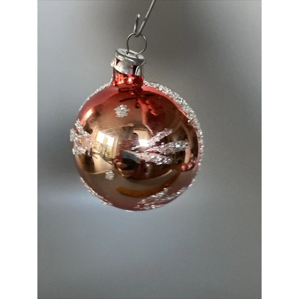 Vintage Hand Painted Blown Glass Christmas Ornament Red Small Ball Glitter